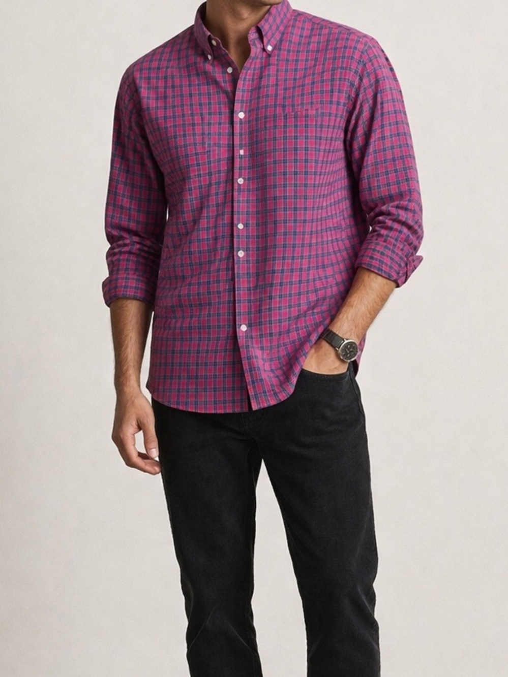 Brooks Brothers Mens Medium Pink/Blue Plaid Red Fleece Long Sleeves Shirt Preppy